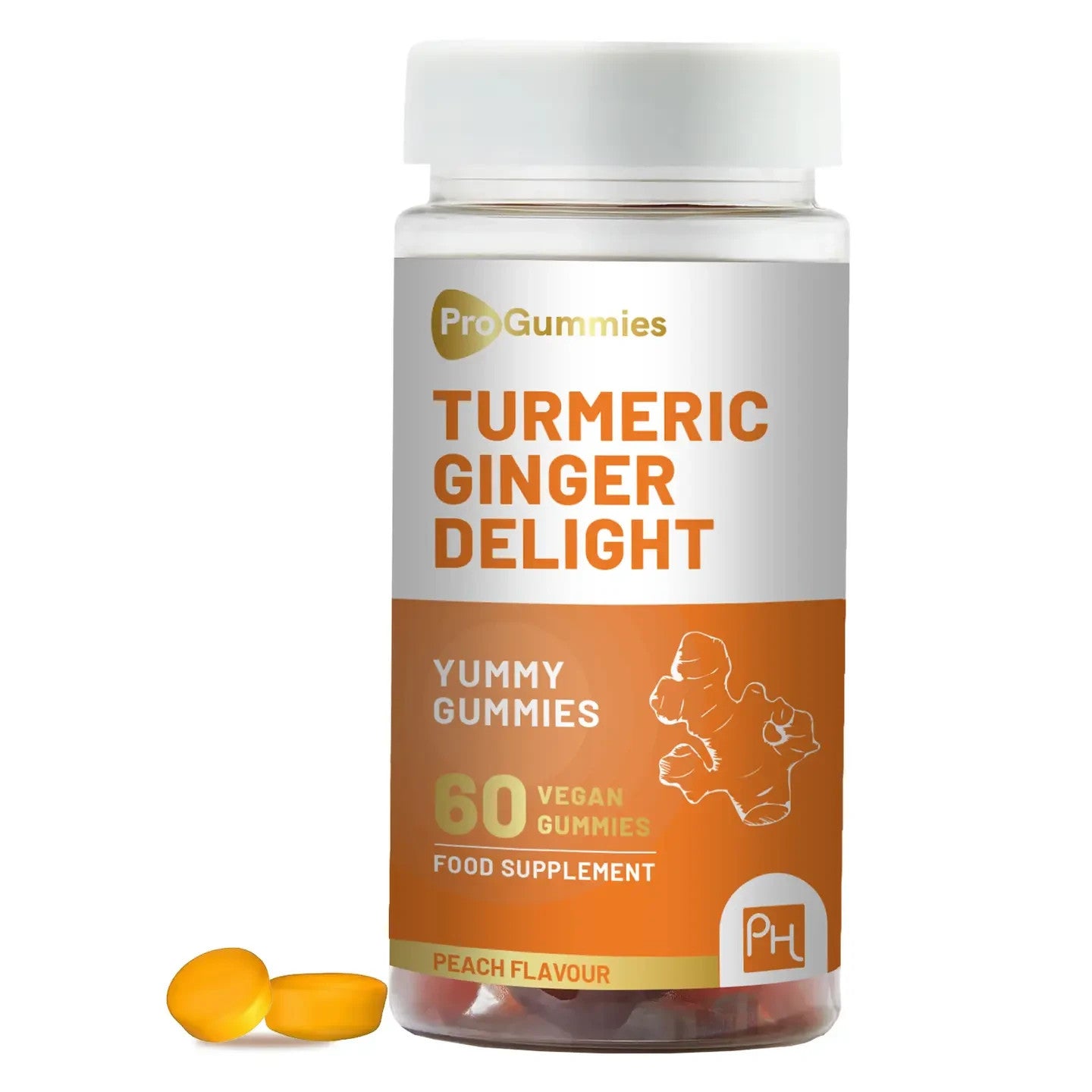 Turmeric Ginger Gummies - 60 Vegan Peach Flavour - 990mg Turmeric & 500mg Ginger