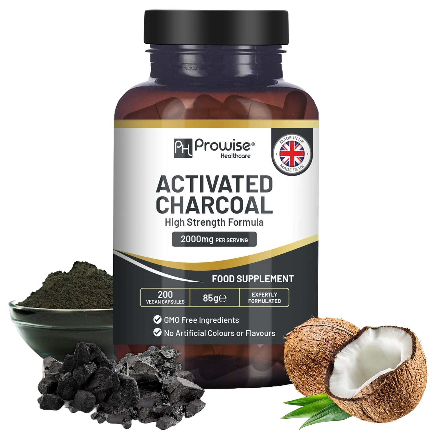 Activated Charcoal Capsules - 200 High Strength Vegan Capsules- 2000mg