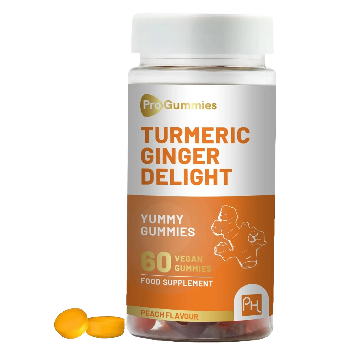Turmeric Ginger Gummies - 60 Vegan Peach Flavour - 990mg Turmeric & 500mg Ginger