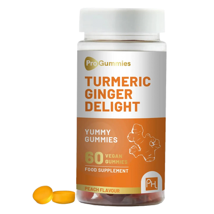 Turmeric Ginger Gummies - 60 Vegan Peach Flavour - 990mg Turmeric & 500mg Ginger