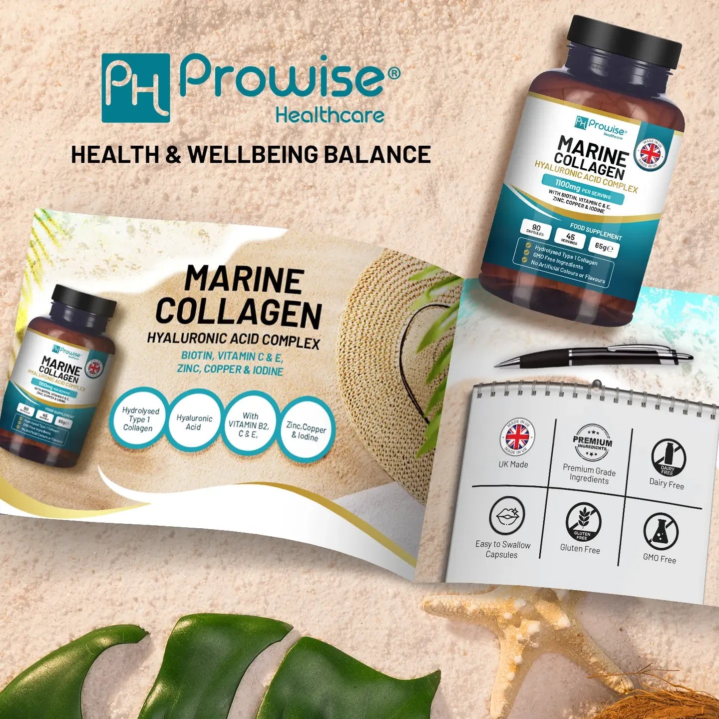 Prowise Marine Collagen with Hyaluronic Acid Complex 1100mg  90 Capsules