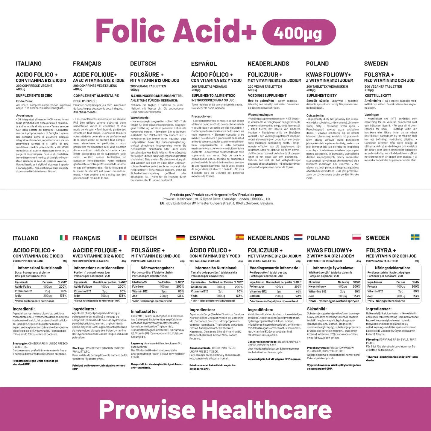 Folic Acid Tablets 400 Mcg - 400 Vegan Vitamin B9 Tablets
