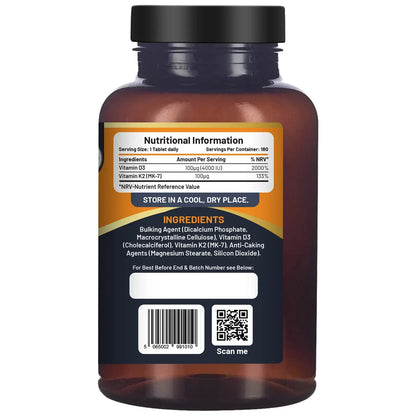 Prowise Vitamin D3 4000IU & K2 MK7 100μg Vegetarian 180 Tablets Easy to Swallow