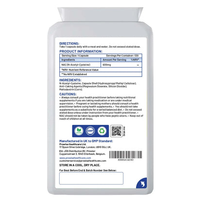 NAC N-Acetyl- Cysteine 600mg 120 Capsules - UK Manufactured | by Prowise