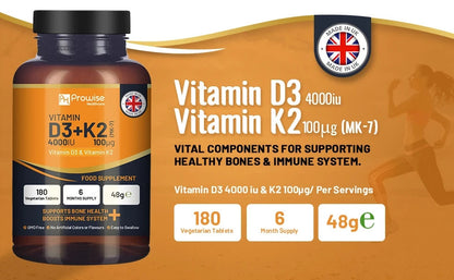 Prowise Vitamin D3 4000IU & K2 MK7 100μg Vegetarian 180 Tablets Easy to Swallow