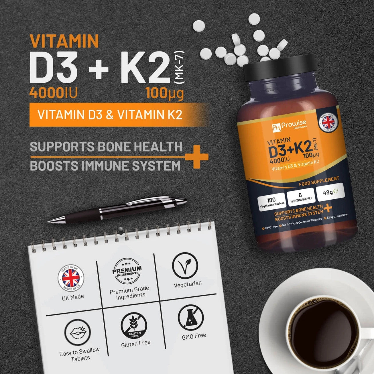 Prowise Vitamin D3 4000IU & K2 MK7 100μg Vegetarian 180 Tablets Easy to Swallow