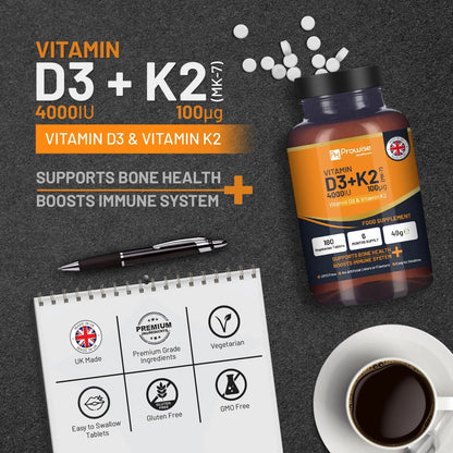 Prowise Vitamin D3 4000IU & K2 MK7 100μg Vegetarian 180 Tablets Easy to Swallow