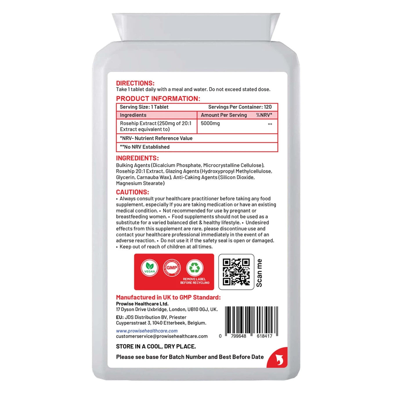 Rosehip Health+ 5000mg 120 Vegan Tablets UK Manufactured by Prowise