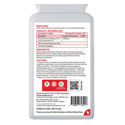 Rosehip Health+ 5000mg 120 Vegan Tablets UK Manufactured by Prowise