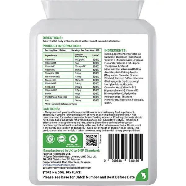 Multivitamin & Iron 180 Tablets (6 Months Dose) Immune Support by Prowise