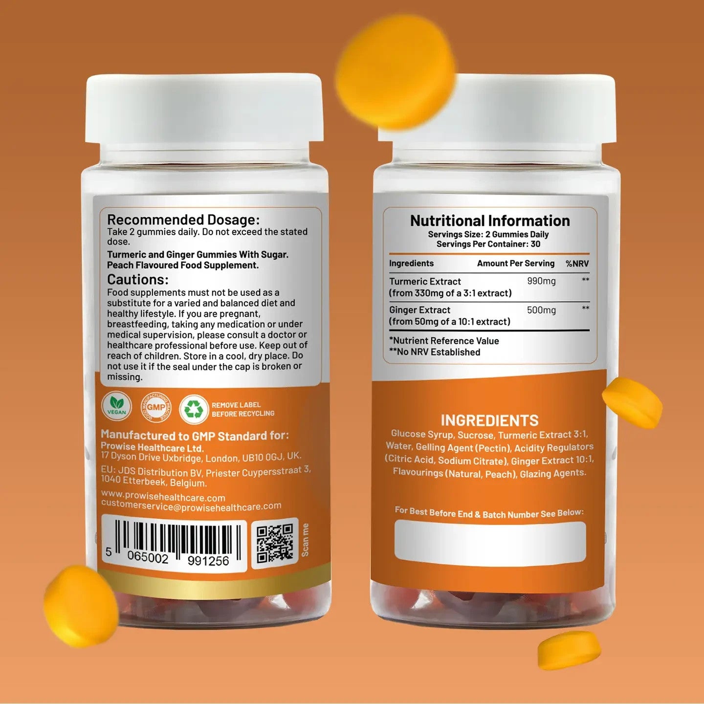 Turmeric Ginger Gummies - 60 Vegan Peach Flavour - 990mg Turmeric & 500mg Ginger