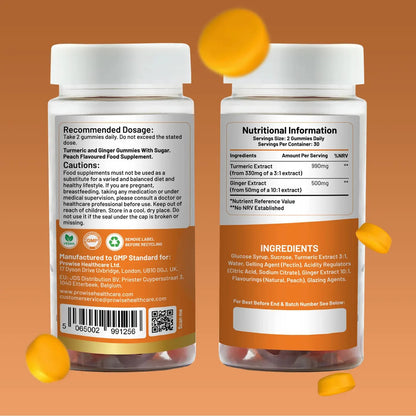 Turmeric Ginger Gummies - 60 Vegan Peach Flavour - 990mg Turmeric & 500mg Ginger