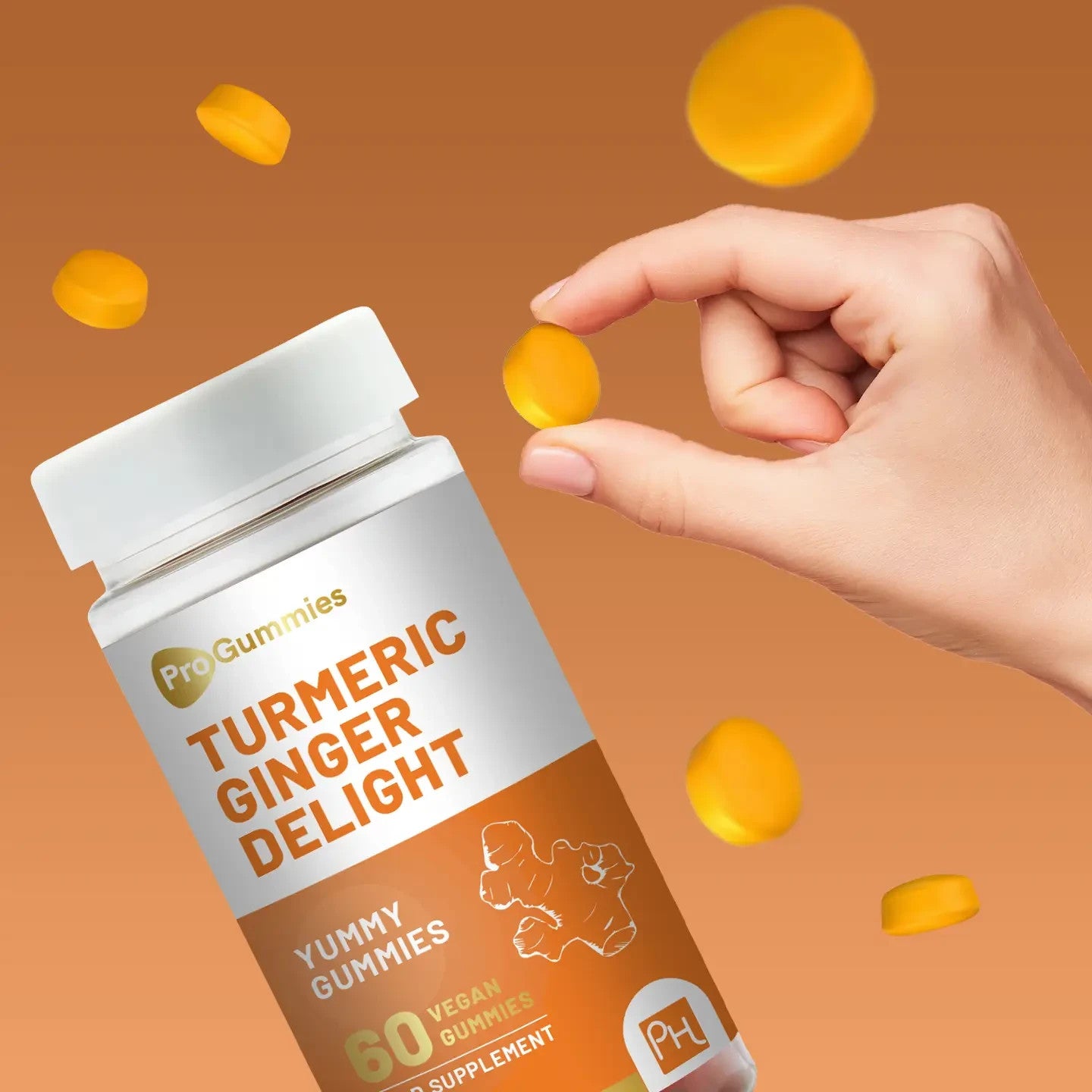 Turmeric Ginger Gummies - 60 Vegan Peach Flavour - 990mg Turmeric & 500mg Ginger