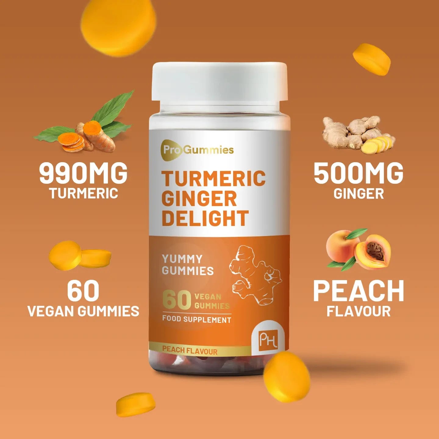 Turmeric Ginger Gummies - 60 Vegan Peach Flavour - 990mg Turmeric & 500mg Ginger