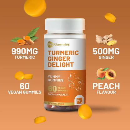 Turmeric Ginger Gummies - 60 Vegan Peach Flavour - 990mg Turmeric & 500mg Ginger
