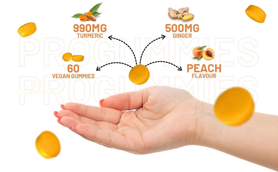 Turmeric Ginger Gummies - 60 Vegan Peach Flavour - 990mg Turmeric & 500mg Ginger
