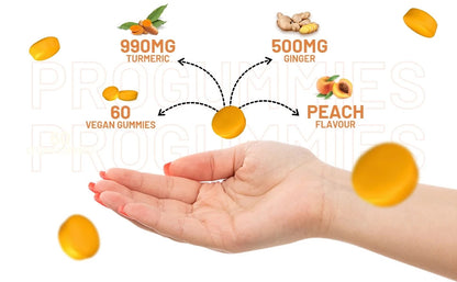 Turmeric Ginger Gummies - 60 Vegan Peach Flavour - 990mg Turmeric & 500mg Ginger