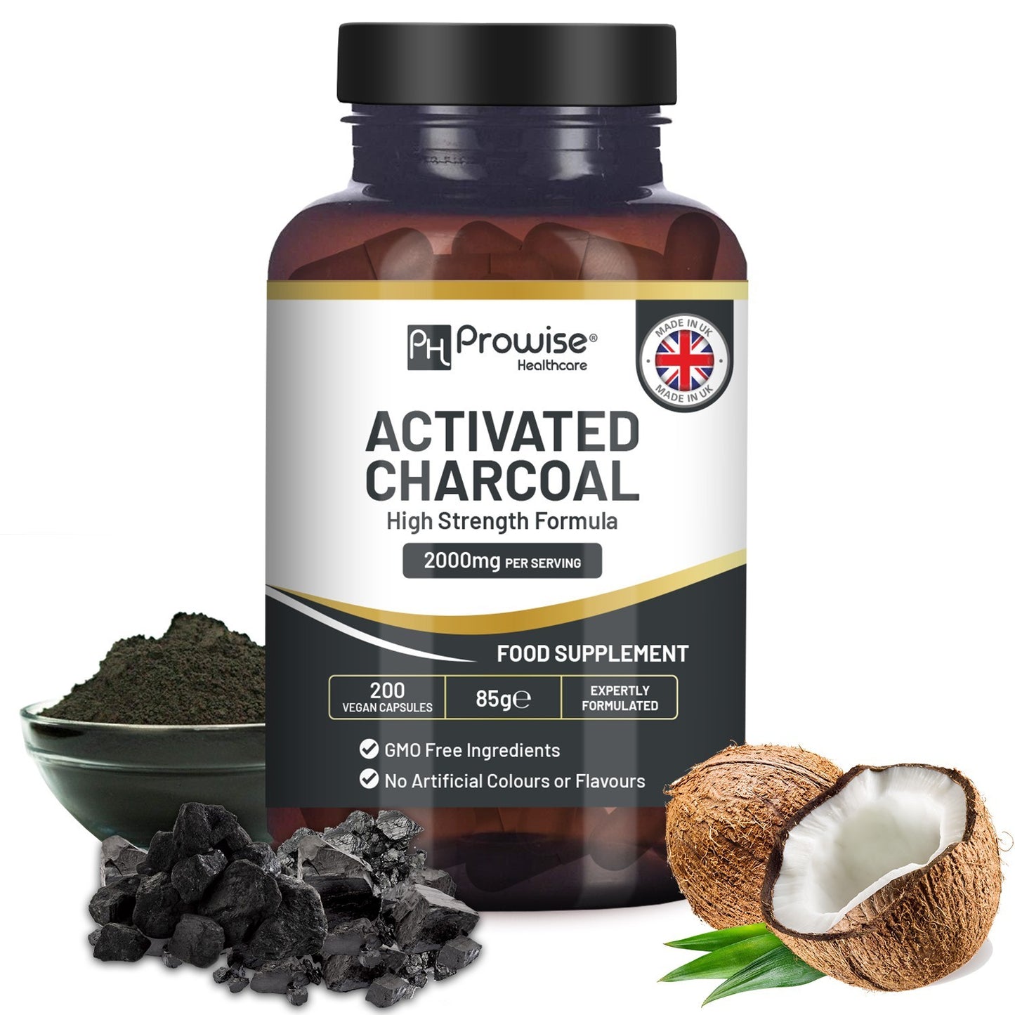 Activated Charcoal Capsules - 200 High Strength Vegan Capsules- 2000mg