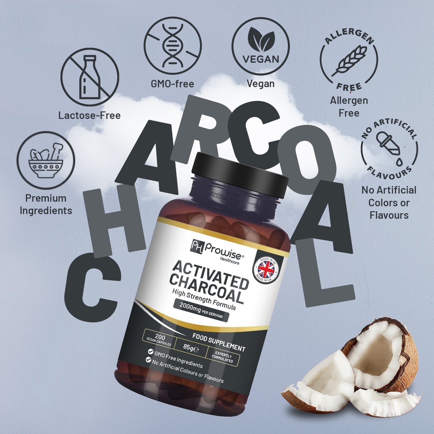 Activated Charcoal Capsules - 200 High Strength Vegan Capsules- 2000mg