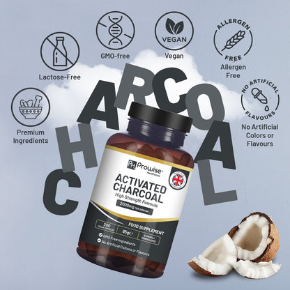 Activated Charcoal Capsules - 200 High Strength Vegan Capsules- 2000mg
