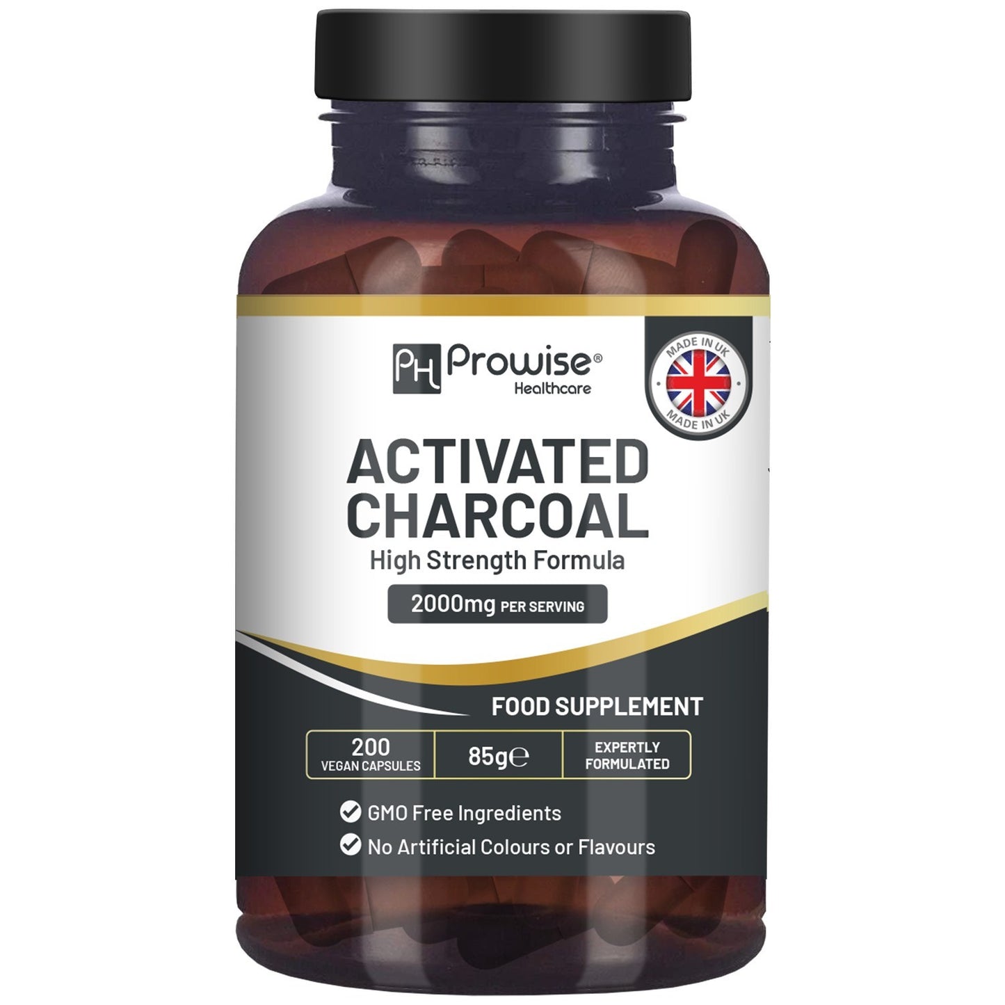 Activated Charcoal Capsules - 200 High Strength Vegan Capsules- 2000mg