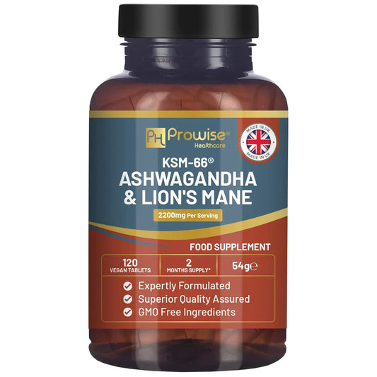 KSM-66 Ashwagandha and Lions Mane Tablets - High Strength 2200mg